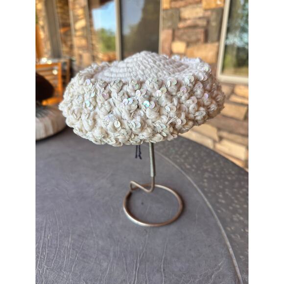 Vintage 1960s Ivory Sequin Pillbox Hat | Handmade Crocheted Wedding Church Hat